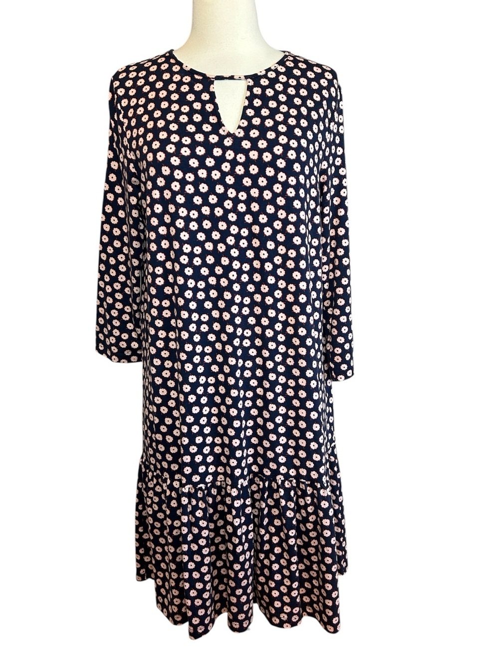 Boden Selena Jersey Knit Dress Size US 8 R Floral Navy Keyhole Neck Peplum Hem